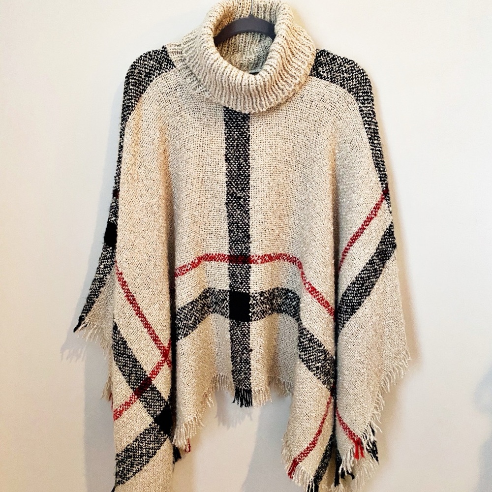 Plaid Turtleneck Sweater Poncho